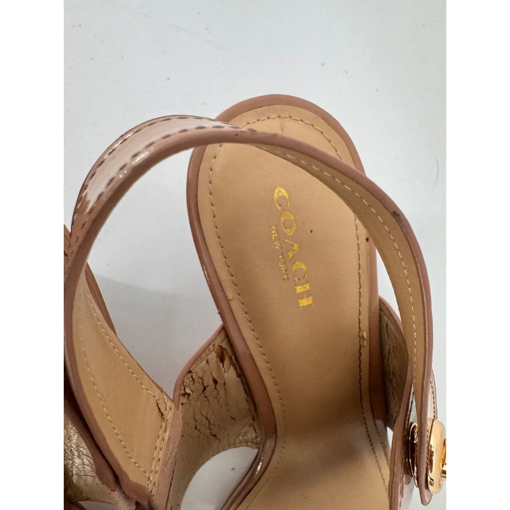 Coach Slingback Sandals Women 10B Tan Patent Leather Turnlock Kitten Heels Read